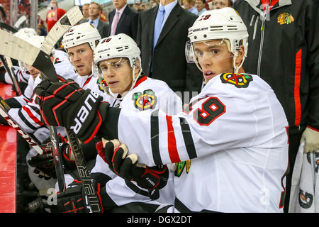 Chicago Blackhawk Jonathan Toews, Patrick Kane, Bryan Bickell during an NHL hockey game during the 2013-2014 season Stock Photo