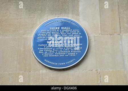 Blue plaque on 18th century Shire Hall, Agincourt Square, Monmouth, Monmouthshire, Wales, United Kingdom Stock Photo