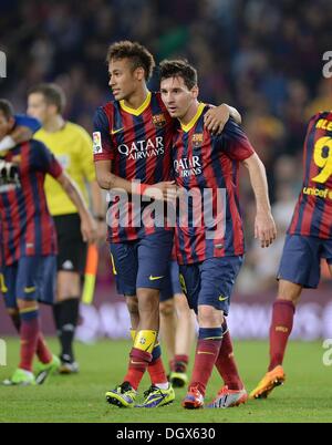 Barcelona, Spain. 26th Oct, 2013. La Liga El Clasico FC Barcelona versus Real Madrid. Celebrations at the game end from Barca Neymar left embraces Lionel Messi Credit:  Action Plus Sports/Alamy Live News Stock Photo