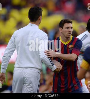 Barcelona, Spain. 26th Oct, 2013. La Liga El Clasico FC Barcelona versus Real Madrid. Lionel Messi right Barca shakes hands at the game end with Cristiano Ronaldo Real Madrid Credit:  Action Plus Sports/Alamy Live News Stock Photo