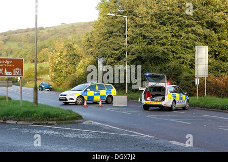Cheddar, Somerset, UK. 27th Oct, 2013. Police cars blocking off the A371 Axbridge to Cheddar road. It is understood but not confirmed as a young guy walking back from a night out in Weston Super Mare was hit by a car during the early hours of the morning - 27 October 2013 Credit:  TW Photo Images/Alamy Live News