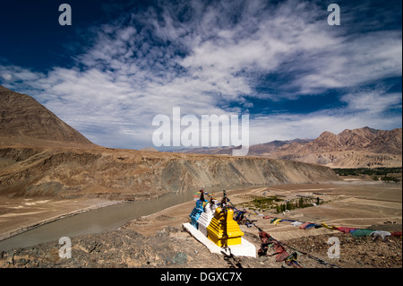 Himalaya mountain landscape Buddhist stupas (chorten) near confluence Zanskar and Indus rivers India Ladakh, altitude 3400 m Stock Photo