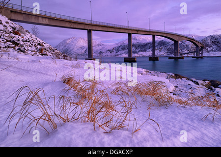 Bridge with fjord in the evening light, Sommeroya, Tromsø, Troms, Northern Norway, Norway Stock Photo