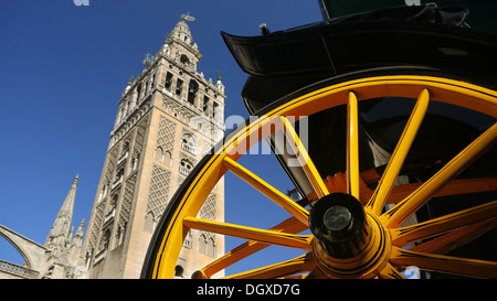 Seville, Andalusia, Spain. Brightly coloured carriage wheel beneath the Giralda in Plaza del Triunfo Stock Photo