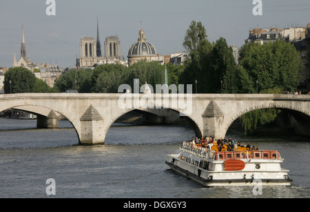 Boat on Seine River, Pont-Neuf Bridge, Notre-Dame de Paris Cathedral, Ile de la Cite, Paris, Ile de France, France, Europe Stock Photo