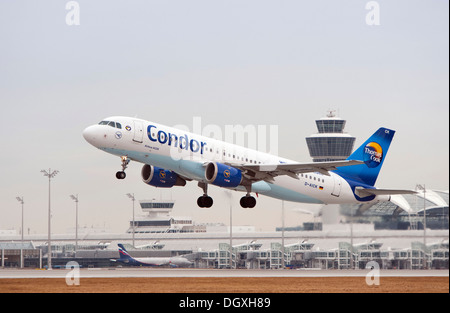 Condor Airbus A320-212 airplane during takeoff from Munich Airport, Bavaria Stock Photo