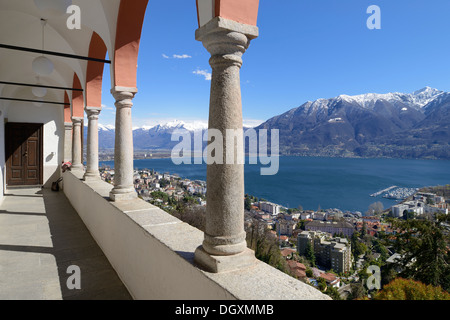 View from the terrace of the Sanctuary of the Madonna del Sasso or Our Lady of the Rock over Locarno and Lake Maggiore, Orselina Stock Photo