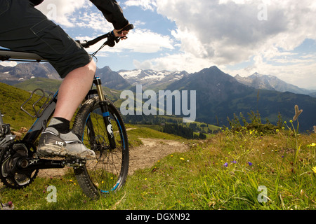 Mountain biker riding a bike in the Alps near Lauenen, Canton Bern, Switzerland, Europe Stock Photo