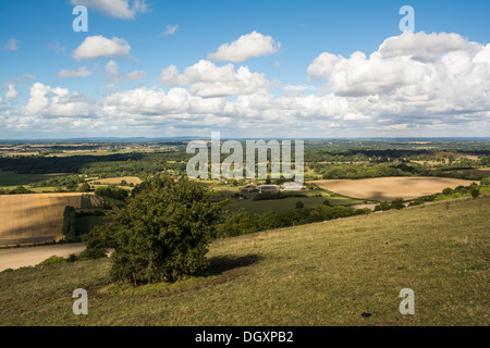 Looking out over Parham Park the Sussex Weald beyond from the South Downs in West Sussex. Stock Photo