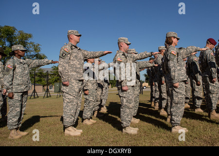 Male and female Drill Sergeant candidates at the US Army Drill Instructors School Fort Jackson during close order drill exercises September 27, 2013 in Columbia, SC. While 14 percent of the Army is women soldiers there is a shortage of female Drill Sergeants. Stock Photo