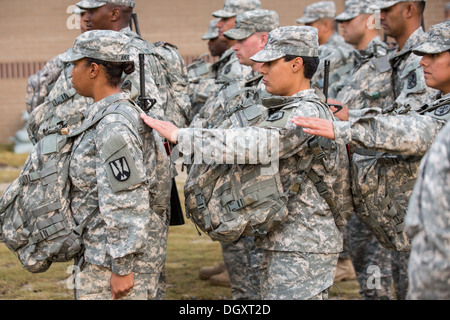 Women Drill Sergeant candidates at the US Army Drill Instructors School Fort Jackson during formation September 26, 2013 in Columbia, SC. While 14 percent of the Army is women soldiers there is a shortage of female Drill Sergeants. Stock Photo