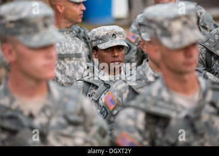 Male and female Drill Sergeant candidates at the US Army Drill Instructors School Fort Jackson during formation September 26, 2013 in Columbia, SC. While 14 percent of the Army is women soldiers there is a shortage of female Drill Sergeants. Stock Photo