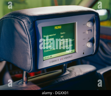 Headrest in a BMW with a built-in monitor with internet access Stock Photo