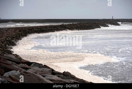 Port Talbot, UK. 27th Oct, 2013. Foam from the storm surf collects off the jetty at Aberavon Beach near Port Talbot this afternoon. The stormy weather is expected to be the worst for more than two decades. Credit:  Phil Rees/Alamy Live News Stock Photo