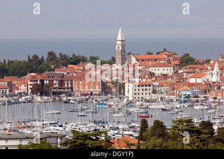 Marina on the Adriatic coast with the historic town centre of Izola, Slovenia, Europe, Izola, Slovenian Littoral, Slovenia Stock Photo