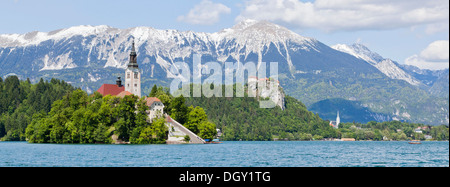 Blejski Otok Island with St. Mary's Church in Lake Bled and The Karawanks mountain range in Bled, Slovenia, Europe, Bled Stock Photo