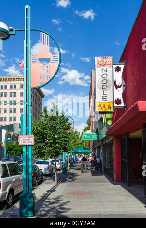 Shops, restaurants and bars on Central Avenue SW (old Route 66) near junction with 4th St NW, Albuquerque, New Mexico, USA Stock Photo