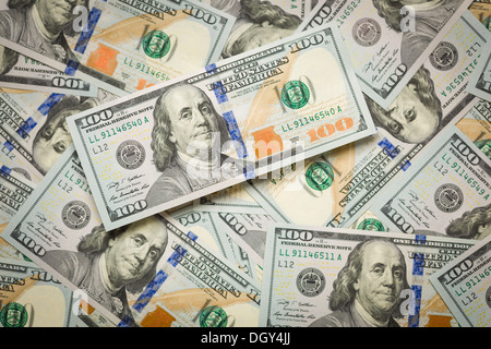 Several Scattered Layer of the Newly Designed U.S. One Hundred Dollar Bills. Stock Photo