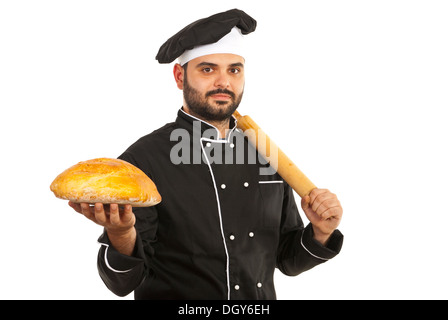 Baker man holding bread and rolling pin isolated on white background Stock Photo