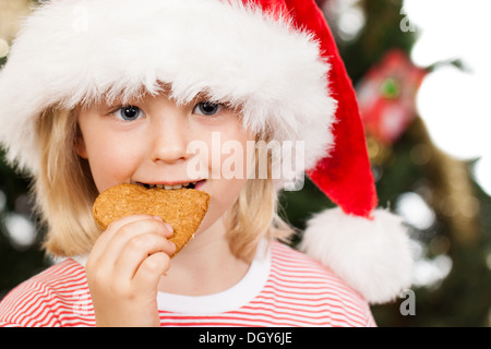 Close-up of a cute boy dressed as Santa's helper is eating a gingerbread cookie in front of a Christmas tree Stock Photo