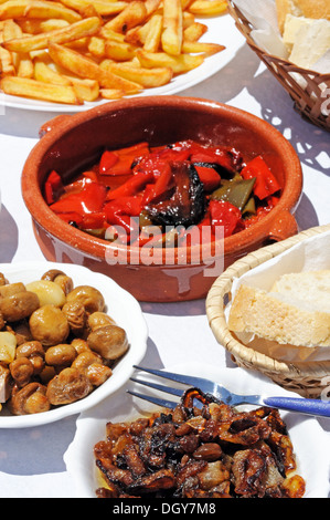 Spanish tapas of roasted peppers, fried mushrooms, fried onions and chips, Andalusia, Spain. Stock Photo
