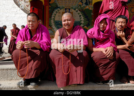 Tibetan monks wearing robes of the Gelug or Gelug-pa Order sitting in front of the Assembly Hall, Tibetan Dukhang Stock Photo