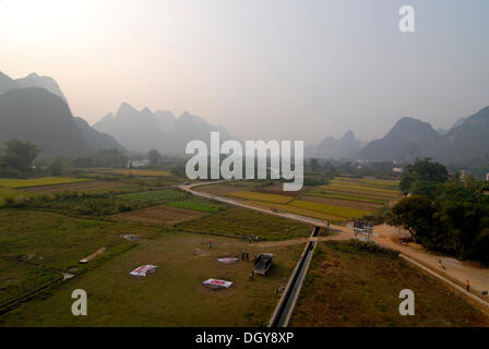 Balloon launch site of China's first balloon club, surrounded by paddies and corn fields along the Yulong River in Yangshuo Stock Photo