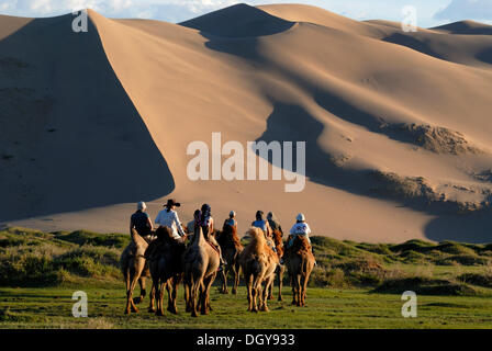 Group of tourists riding on camels towards the great sand dunes of Khorgoryn Els in the Gobi Desert Stock Photo