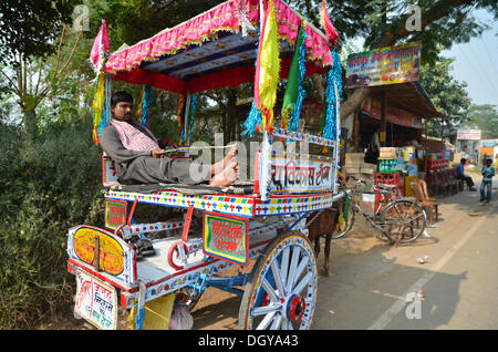 Street scene with brightly painted Indian carriages parked outside the ruins of the ancient University of Nalanda, Ragir, Bihar Stock Photo