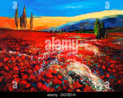 Original oil painting of Opium poppy( Papaver somniferum) field in front of beautiful sunset on canvas.Modern Impressionism Stock Photo