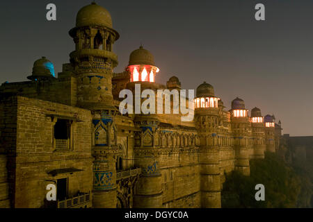 Illuminated Man Singh Palace, Gwalior Fort, Gwalior, Madhya Pradesh, India, Asia Stock Photo