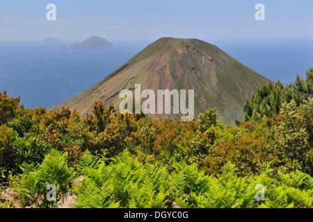 Volcano on Salina island, in the back Filicudi and Alicudi islands, Aeolian Islands, Sicily, southern Italy, Italy, Europe Stock Photo