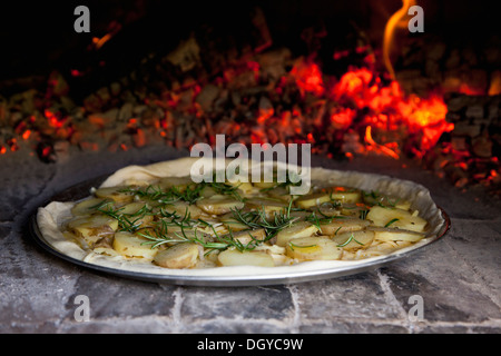 Potato and rosemary pizza in brick oven Stock Photo