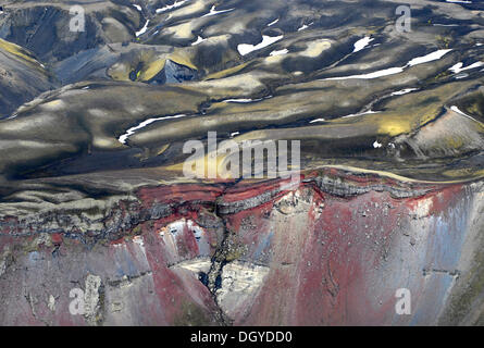 Aerial view, caldera of Ljótipollur or Ljotpollur volcano, red slag and moss, crater rim, Landmannalaugar, Iceland, Europe Stock Photo