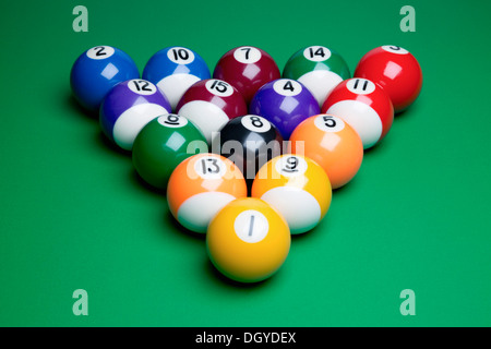 Pool balls racked and ready to break Stock Photo