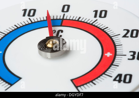 Extreme close up of a thermometer showing a temperature of minus 5 Celsius Stock Photo