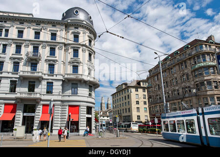 Tram, Bellevueplatz square street sign, Bellevue, Zurich, Switzerland, Europe Stock Photo