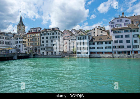 Limmat river, Church of St. Peter in the old town of Zurich, Switzerland, Europe Stock Photo