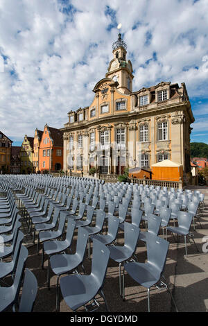 Rows of chairs on the market square, open-air theatre, town hall, historic district of Schwaebisch Hall, Hohenlohe region Stock Photo