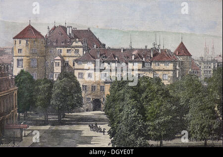 Old Castle, Karlsplatz square, Stuttgart, Baden-Wuerttembertg, Germany, a hand colored historic illustration, around 1860 Stock Photo