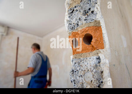 Craftsman, cross-section through a plastered wall with brick, wall opening in an old building in need of renovation, Stuttgart Stock Photo