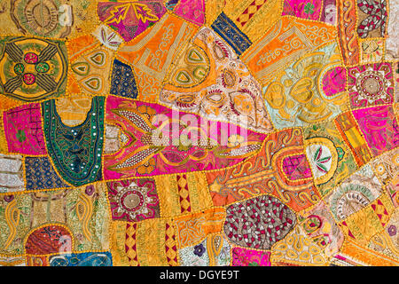 Traditional wall hanging from Rajasthan, multicolored, with tiny mirrors, detailed view, Rajasthan, India, Asia Stock Photo