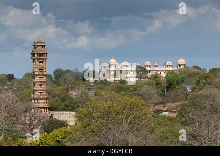 Vijaya Stambha, a victory tower built during the reign of Rana Kumbha in front of Fateh Prakash Palace, Chittorgarh Fort Stock Photo