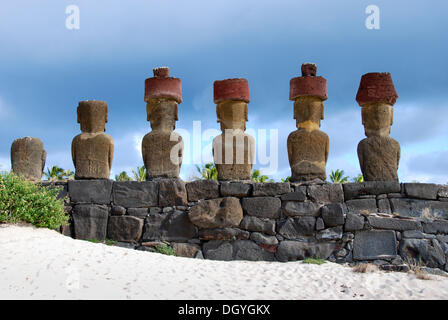 Moai, in Ahu Nau Nau, Easter Island, Rapa Nui, Pacific Stock Photo