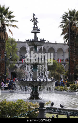 Fountain, Plaza de Armas square, Arequipa, Inca settlement, Quechua settlement, Peru, South America, Latin America Stock Photo