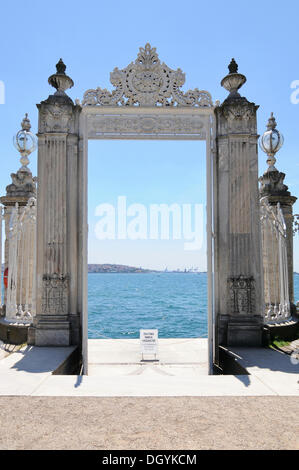 Views across the Bosphorus, gate, park, Dolmabahçe Palace, Istanbul, Turkey, Europe Stock Photo