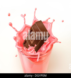 Chocolate cubes splashing into a glass full of strawberry milkshake. Close-up view On white background. Clipping path included. Stock Photo