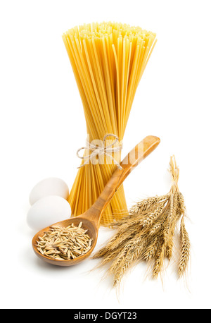 still life with pasta ingredients isolated on white background Stock Photo
