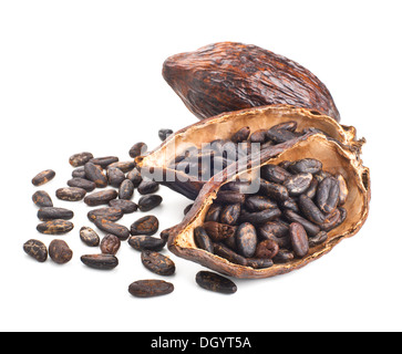 cocoa pod and beans isolated on a white background Stock Photo