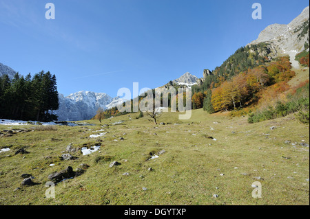 landscape in autumn with surrounding mountains - big maple plain, Karwendel, Hinterriss, Eng, Austria Stock Photo